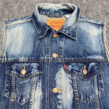 Levis Distressed Trucker Biker Denim Vest Mens Large Blue Jean Jacket Sleeveless