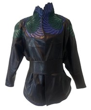 Jean Claude Jitrois Black/Green/ Blue Exquisite Leather Jacket~Embroidery~Belt~M