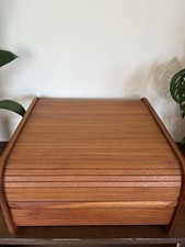 VTG Mid Century Modern Teak Roll Top Office Desk Organizer Storage Box