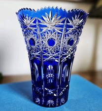 Arnstadt Kristall Bohemian Handcut To Clear Cobalt Blue & Clear Crystal Vase 8"