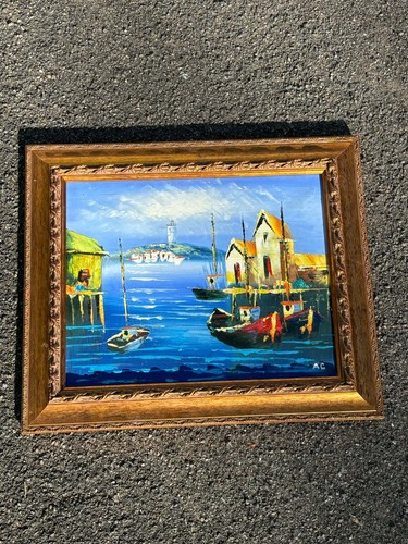 Tableau ancien huile port - tableau,