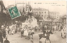 Old postcard travelled CARNIVAL OF NICE - Char de la Musique (1910)