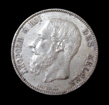 Belgique 1871 King Leopold II Lion Véritable 5 Francs Pièce Argent
