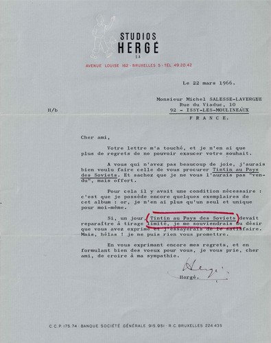 Hergé lettre signée les - lettre, signée.