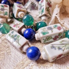Collier Vintage Chine Perles Montage Noué  Porcelaine Agathe Lapis-lazuli  49 Cm