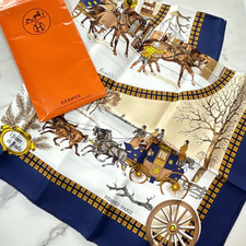 Vintage HERMES Carre 90 Silk Scarf "L'Hiver en Poste" by Ledoux w/Bag Blue Mint