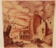 SEPIA DRAWING OF AN ANCIENT BUILDING ROBERT  WAGNER C 1920 0R SO