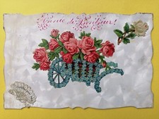 Old postcard pearl fantasy cutouts CHROME WHEELBARROW year of happiness Myosotis roses