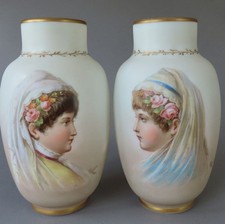 Pair Antique 19thC HP Opaline Satin Glass 11" VASES Girls Veils w ROSES * AHNE