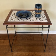 VTG Tile Top Table Wood Boarder Wrought Iron Base. 23x16x23” Tall. Travertine.