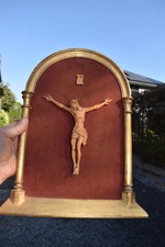 Antique Belgian wood carved plaque corpus christi on red velvet