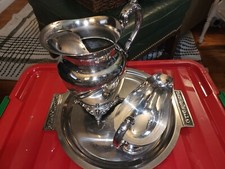 Vintage Oneida Silver-Plated Water Pitcher with Ice Carcher, Gravy Bowl & Tray
