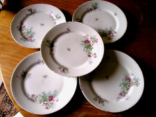 LIMOGES PORCELAIN - 5 ANTIQUE FLAT PLATES - FLOWERS - GOLD GLITTER