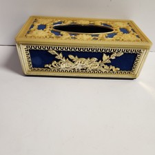 VTG Hollywood Regency Tissue Holder Gold Trim/ Blue Box Cover 