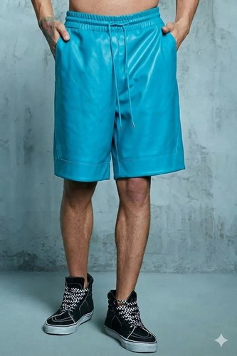 Short motard cuir bleu - short, en