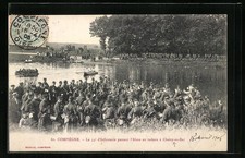 Old postcard Choisy-au-Bac, Le 54e d'Infanterie passing the Aisne en raft 1905 