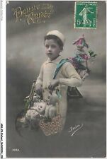 ANLP9-0668-CHILD - Happy New Year - young boy - basket - cat - bicycle - fl