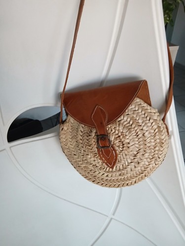 Sac rond paille cuir - et,