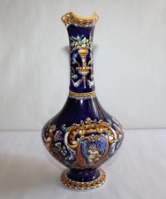 Gien earthenware ewer Italian Renaissance decor blue background, height 25 cm