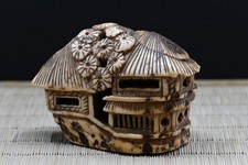 Japanese Antique Netsuke Pavilion with Blossoming Tree (Rōkaku) Deer Edo Japan