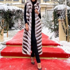 Long Gilet Winter Thick Waistcoat Real Rex Rabbit Fur Vest Coat Chinchilla Color