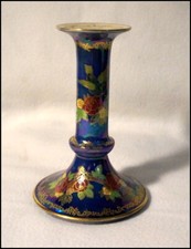  Art Deco Era Crown Devon Luster Colbalt Blue Tall Candlestick Floral Motif A299