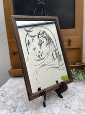 Vintage Screen Printed Mirror Signed Davies - Nude Woman with Birds