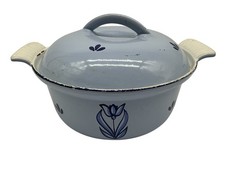 DRU Vintage Holland Blue Tulip #18 Enameled Cast Iron Casserole Pot w/Lid