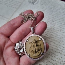 Pendentif Camée Ancien Pierre De Lave Ange Agneau Argent XIXè Lava Stone Cameo