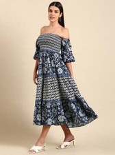 Maxi robe smockée à épaules dénudées florales, robe western indo pour femmes