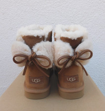 UGG CHESTNUT CLASSIC MINI DOUBLE BOW SUEDE SHEEPSKIN BOOTS, US 8/ EUR 39 ~NEW