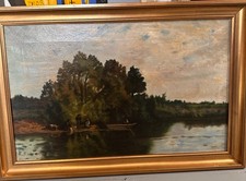 Oil painting on canvas "landscape by the water" 19th century signed GIRAULT