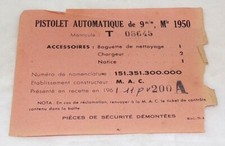 Etiquette contenu boite stockage pistolet automatique 9mm Mle 1950, 1961 MAC 50