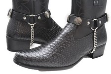 Hommes Indien Métal Argenté Chaîne Mode Ouest Chaussure Botte Noire 2 Bande Moto