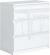 Commode Blanche Brillante avec 3 tiroirs 70 cm, Meuble Rangement Chambre Adulte