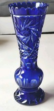 Vase Cristal Bohème Bleu Cobalt. Étoiles Sophistiquées, Ovales, Croisillons/26cm