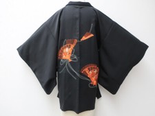Japanese Black Haori Jacket Kimono Silk Embroidery Sensu Fan Pattern 120y EB-262