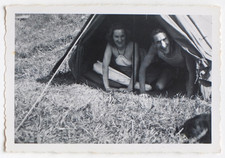 In the tent! Young couple smiling, framing - vintage photo snapshot 1947