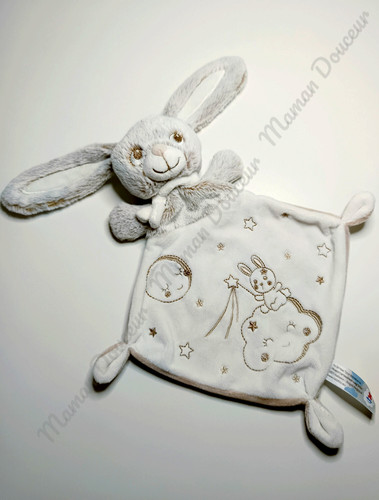 Doudou plat lapin blanc beige - lapin,