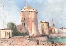 Antique oil painting LA ROCHELLE old port landscape boat early 20th century to restore