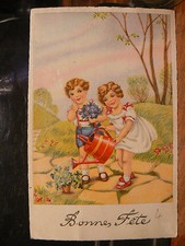 cpa fancy illustrator kids girl boy garden flowers watering fox