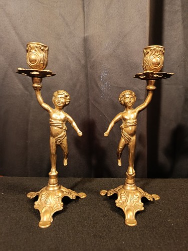 Paire bougeoirs putti bronze - putti,