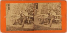 Couple Sitting On Bench Garden Home c1865 Photo Stereo Albumin Vintage Damaged