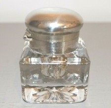 Cubic glass office inkwell silver metal closure 19th century 