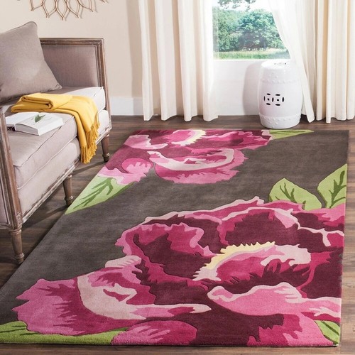 Tapis laine rose fleurs - laine,