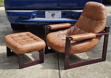 Percival Lafer Brazilian Wood Vinyl Lounge Chair & Ottoman AS-IS