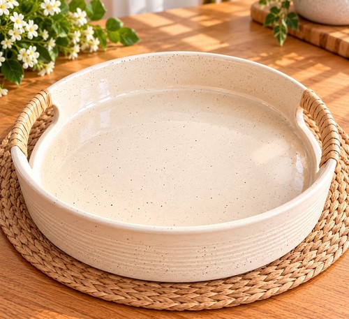 Plateau rond crème moucheté