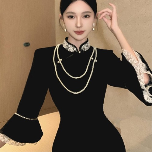 Femmes velours noir qipao - velours,