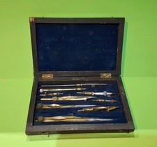 ANCIENNE BOÎTE À COMPAS PORTE MINE POINTES SÈCHE LAITON MASSIF COFFRET EN BOIS 