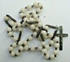 Antique Single Rosary Necklace Silver Color White Beads Beautiful Crucifix 1432